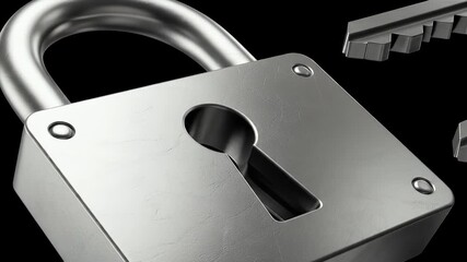 A silver padlock and two keys are displayed against a black background.