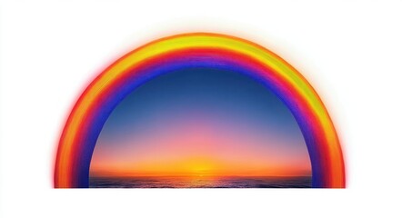 Vibrant digital arc resembling a rainbow over an ocean sunset with rich orange and blue hues, evoking warmth and serenity