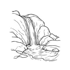 Waterfall cascading down rocks creating a serene pond a peaceful nature illustration water flowing