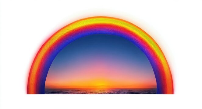 Vibrant digital arc resembling a rainbow over an ocean sunset with rich orange and blue hues, evoking warmth and serenity