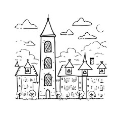 Fototapeta premium Whimsical architectural drawing featuring a tower and buildings evokes a sense of storybook charm