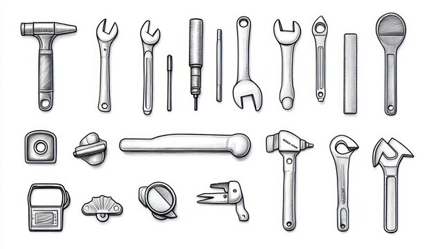 Black and white line drawing of various hand tools including hammers, wrenches, screwdrivers, measuring tape, and pliers arranged in rows on a white background