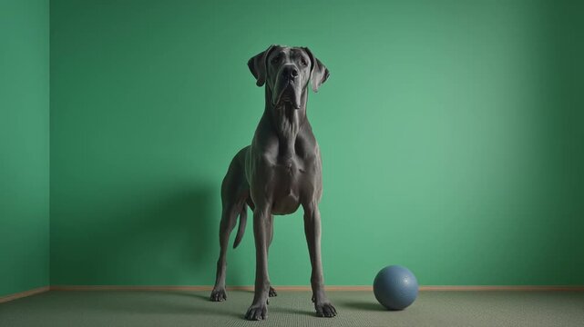 A great dane standing in a room with a green wall and a blue ball looking up with its mouth open