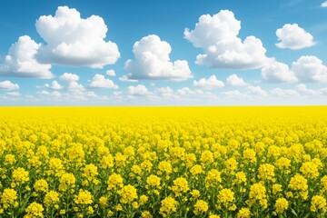 Obraz premium Endless blooming yellow rapeseed field under bright blue sky with fluffy white clouds, natural sunlight and scenic background landscape concept. Ai generative