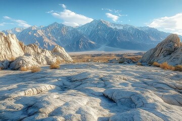 Expansive rocky desert landscape with rugged white rock formations and distant snow-capped mountain range under a bright blue sky with scattered clouds