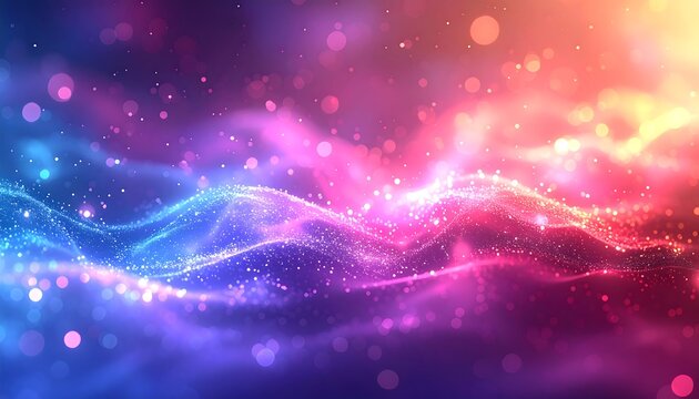 Abstract colorful cosmic backdrop, glowing particles and waves in space