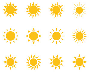 Bright Sun Icon Set – Collection of Radiant Yellow Sun Symbols with Unique Ray Patterns for Summer, Weather, and Travel Design Projects