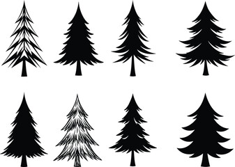 Collection of different pine tree silhouettes, black fir and spruce tree vector set, evergreen conifer forest design elements, nature illustration art