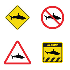 Set of shark crossing traffic sign. Vector illustration of yellow triangle warning sign and white cirle warning sign with shark icon inside. Wild forest animals likely ahead.