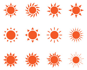 Bright Sun Icon Set – Collection of Radiant Yellow Sun Symbols with Unique Ray Patterns for Summer, Weather, and Travel Design Projects