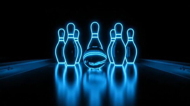 Neon Bowling Alley Illustration - A glowing, neon-blue bowling ball and pins are set against a dark, reflective surface, creating a sleek and modern illustration.
