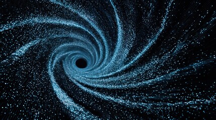 Glowing blue particles swirl into a digital data vortex, creating a futuristic light tunnel or wormhole on a dark background.