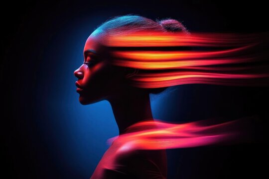 Profile of a woman with glowing red and orange light trails extending from her head and shoulder against a dark blue background, evoking a sense of speed and energy
