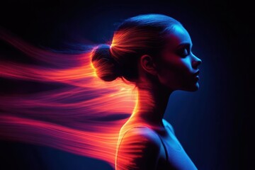 Obraz premium Profile of a calm woman with hair in a bun illuminated by vibrant glowing red and orange light trails against a dark background, evoking a sense of energy and tranquility