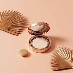 Elegant powder compact with golden palm leaves on a peach background for beauty product promotion
