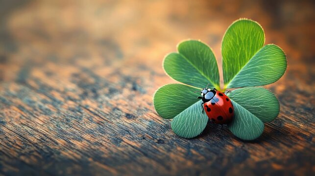 Close-up of a red ladybug with black spots resting on a four-leaf clover on a textured wooden surface, evoking a sense of luck and nature