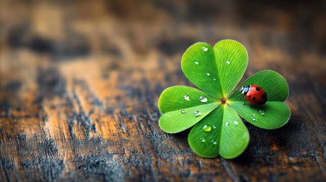 Close-up of a vibrant green four-leaf clover with water droplets resting on a textured wooden surface alongside a small red ladybug, evoking a sense of luck and serenity - Powered by Adobe