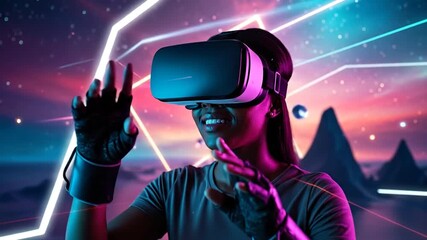 African woman enjoys futuristic VR gaming, augmented reality technology video - Powered by Adobe