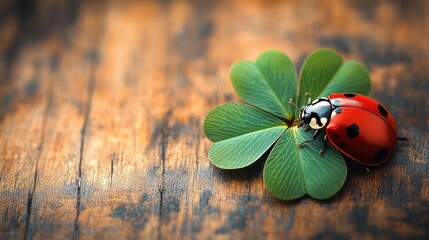 Close-up of a red ladybug with black spots resting on a green four-leaf clover against a textured wooden surface