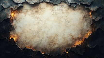 charred and cracked textured surface with flames around edges creating dramatic burnt effect