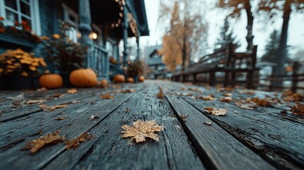 Autumn charm: an artistic halloween with pumpkins and leaves. Hero poster. Captivating autumn halloween with pumpkins, leaves, and twinkling lights. Advertising photo. Movie cover.