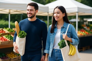 Smiling couple shopping at outdoor farmers market with reusable bags full of fresh produce on a sunny day, surrounded by colorful fruit stands. Ai generative