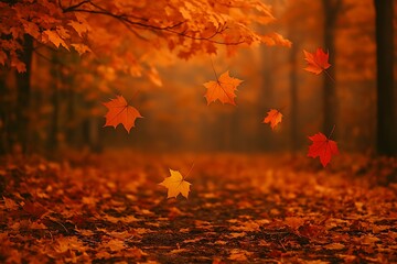 Autumn leaves falling in a forest with a path covered in leaves, creating a beautiful and serene scene