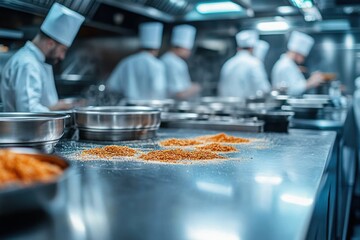 Close-up of kitchen counter with spices scattered and chefs working in a professional commercial kitchen