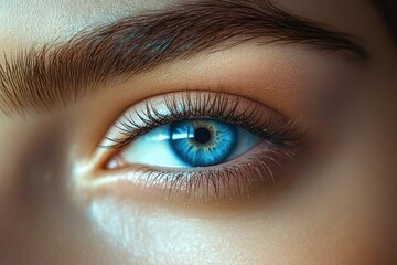 Obraz premium Close-up image of a human eye with bright blue iris, detailed eyelashes, and natural eyebrow, vivid and clear textures of skin around the eye