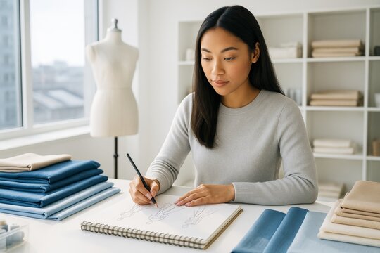 Young fashion designer sketching clothing ideas at studio desk surrounded by fabric swatches and mannequin on a bright modern background. Ai generative