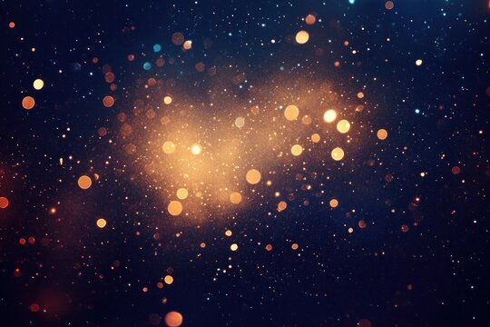 Abstract image of glowing golden and blue bokeh lights scattered on dark background creating a dreamy and magical atmosphere