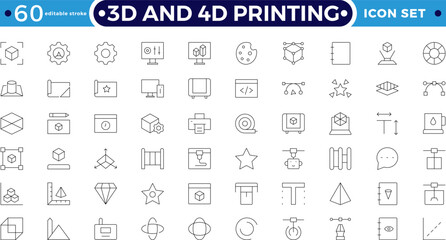 3D and 4D Printing Outline icon set. Modern industrial, robotic, and CAD design, representing technology, engineering, hardware, and futuristic digital fabrication. Editable stroke outline icon. 