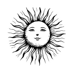 Whimsical celestial sun illustration with intricate line work brings warmth and joyful feeling