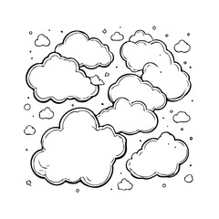 Whimsical cloudscape illustration simple line drawing several abstract fluffy clouds scattered in