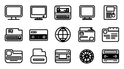Array of old tech icons monitors, tape decks, typewriters,globe, cards, dialer, folder