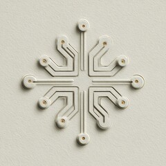 Embossed circuit board pattern with golden contact points on textured cream paper, forming an abstract symmetrical design symbolizing technology and connectivity.