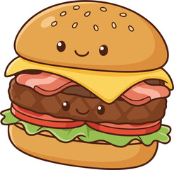 Kawaii Bacon Cheeseburger Vector – Cute Smiling Burger with Cheddar Cheese, Bacon, Lettuce, Tomato, and Sesame Bun Cartoon