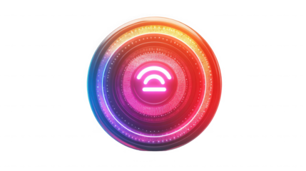 Glowing wifi symbol inside of colorful concentric circles on  in a studio shot on transparent background