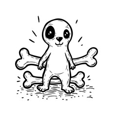 Whimsical creature guarding playful bones hand drawn design element perfect for halloween or