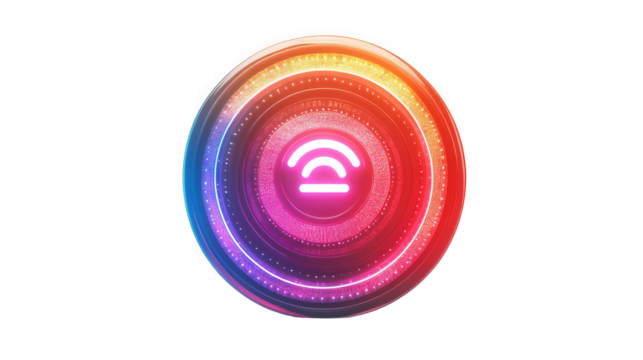 Glowing wifi symbol inside of colorful concentric circles on  in a studio shot on transparent background