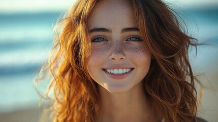 Close-up portrait of a smiling young woman with red curly hair and freckles at the beach with a blurred ocean background