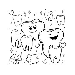 Whimsical dental hygiene illustration featuring adorable cartoon teeth and sparkling accents