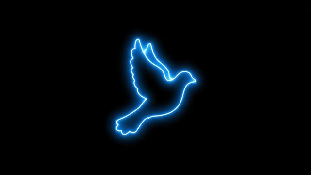 Neon Blue Dove Silhouette on Black Background - A vibrant, neon-blue outline of a dove in flight is displayed against a stark black backdrop.
