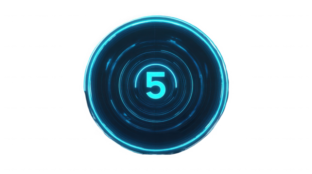 A glowing blue number five inside concentric circles on  design element graphic on transparent background