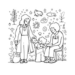 Whimsical family gathering illustration showcasing intergenerational interaction and youthful