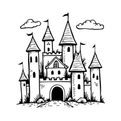 Obraz premium Whimsical fantasy castle illustration featuring towering spires and dreamy clouds in a captivating