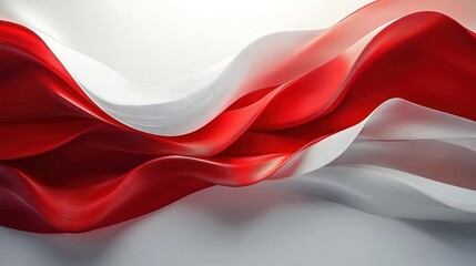 Smooth flowing ribbons in red and white colors create an elegant and dynamic abstract wave pattern with a sense of movement and fluidity