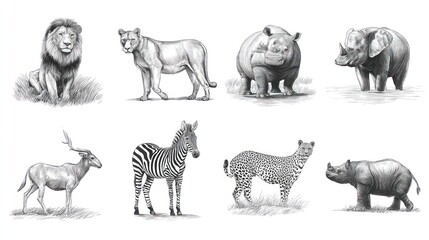 Eight monochrome sketches of various African animals standing or sitting in grass