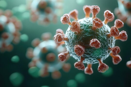 Close-up microscopic view of spherical virus particles with spike-like protrusions on a green and blue background, representing infectious agents and microscopic biological threat