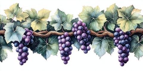 Detailed botanical illustration of ripe purple grape clusters hanging from a woody vine with lush green grape leaves